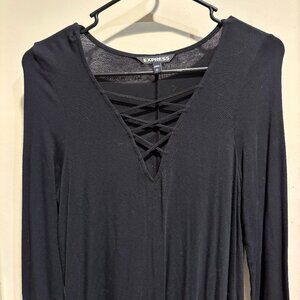 Long Sleeve Casual Skater Skirt V-Neck Lace Up Style Dress - Black